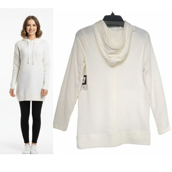 ❤️Nine West Women's Ivory Hooded Tunic Sweater Longline Textured Cable Knit Sz S - Picture 1 of 7
